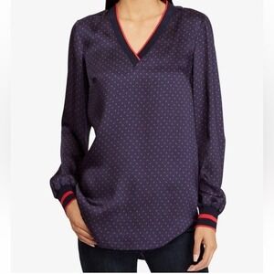 Lauren Ralph Lauren‎ Women's Navy Blue Red Polka Dot Long Sleeve V Neck Blouse M